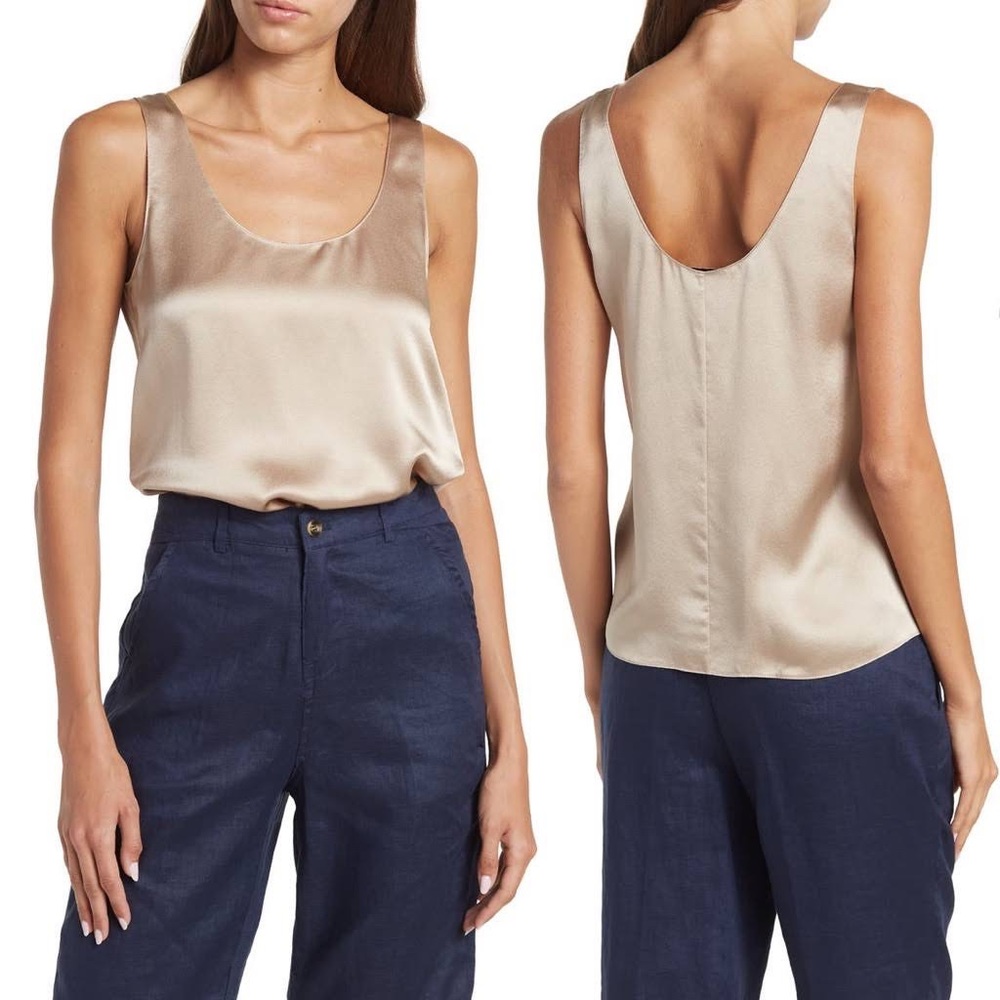 Vince NWOT 100% Silk Scoop Neck Satin Tank Top in Golden Tan